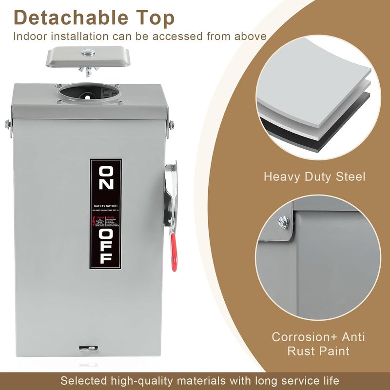 FixOasis 【Upgrade】 3P 60 Amp Disconnect,Disconnect Switch,Add Ground Design,Non-Fusible,NEMA 3R Standard,Heavy Duty Steel Material,Rust and Corrosion Resistant,120/240v,10-Year Warrnaty - Image 5